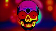 A Neon-colored Skull Moves With A Glowing Effect Set Against A Blurred Multicolored Backdrop. VJ Loop 