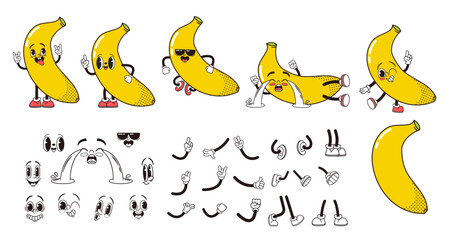Wall Mural - Cartoon Ripe Banana Tropical Fruit Character Body Parts, Hands, Legs And Faces Construction Kit. Isolated Vector Set