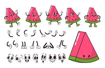 Wall Mural - Cartoon Fruit Watermelon Slice Character Construction Kit. Isolated Vector Set Of Retro Groovy Hippie Personage Emotions