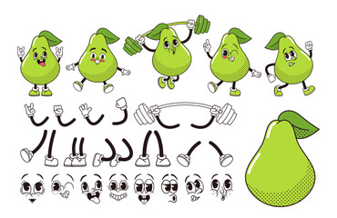 Wall Mural - Green Pear Fruit Cartoon Groovy Character Construction Kit. Isolated Vector Set Of Retro Hippie Personage Facial Emotion