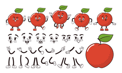 Wall Mural - Cartoon Red Apple Fruit Character Construction Kit, Personage Creation Or Generator. Isolated Vector Retro Personage Set