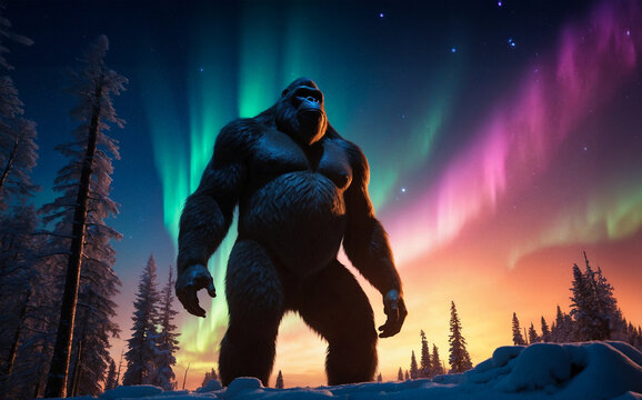 Under a fantastic colorful Northern Lights on a snow-covered and cold plain stands the abominable snowman in all his grandeur.