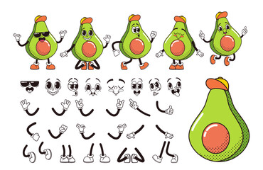 Wall Mural - Cartoon Avocado Half Fruit Character Construction Kit. Isolated Vector Personage Generation Creation Set