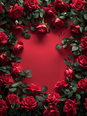 Wall Mural - frame for valentine's day, center is white, blank copy space, surrounded by red roses, aerial view
