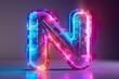 Letter N - colorful glowing outline alphabet symbol on blue lens flare isolated white background