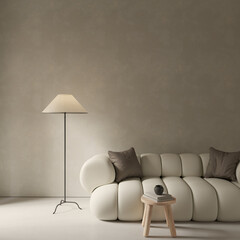 Wall Mural - Japandi living room design with sofa , lamp and stool , modern interior mock up , empty wall space , 3d rendering