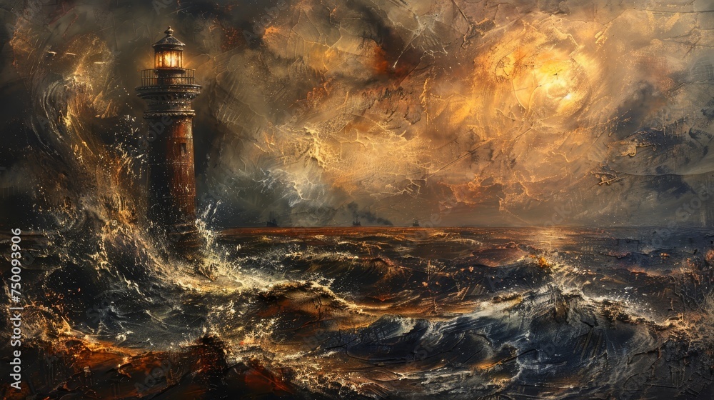 A dramatic lighthouse stands resilient amidst turbulent stormy seas ...
