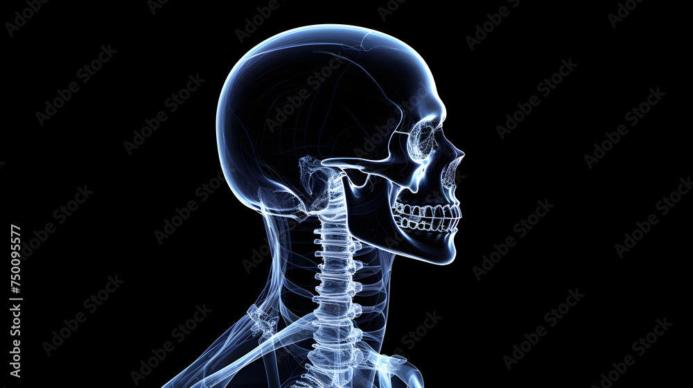 X-ray image of a human skull in profile, blue tone x-ray on a black ...