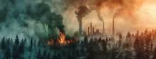 Burning Forest And A Factory Emitting Smoke, Depicting The Intersection Of Deforestation And Industrial Pollution Contributing To Climate Change.