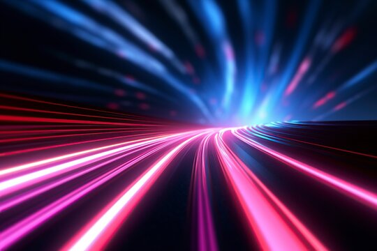 Abstract Speed light trails effect path, fast moving neon futuristic technology background, future virtual reality, motion effect, curve of neon bright, highway speed light, with Generative Ai