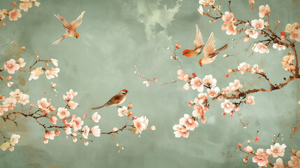 Wall Mural - Bloom. Vintage floral Chinoiserie pattern. Spring flowers and birds. muted colors	
