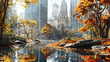 Autumn in the City Park, Skyscrapers Meet Seasonal Hues, An Urban Oasis in Fall