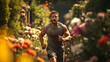 A handsome guy in great physique running in a park surrounded by colorful wildflowers