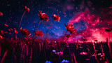 Fototapeta Kwiaty - Paysage extraordinaire avec la galaxie dans le ciel et des fleurs rouges en premier plan