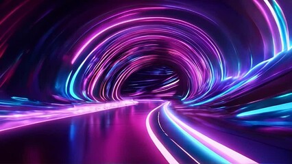 Wall Mural - Ai generated 4K video of neon background, tunnel turning, ultraviolet rays, glowing lines, virtual reality, speed of light, space and time strings, and highway night lights. animation