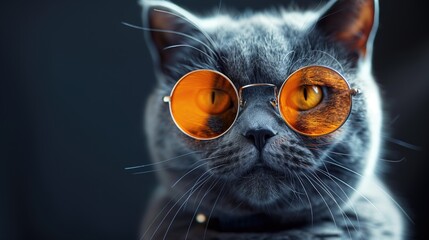 Wall Mural - A gray Scottish cat wearing beautiful glasses close-up.