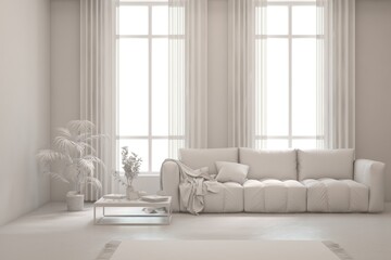 Grey interior design concept with furniture. 3D illustration