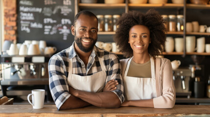 Sticker - man and a woman wearing aprons are standing confidently in a cozy, rustic cafe setting, both smiling towards the camera.