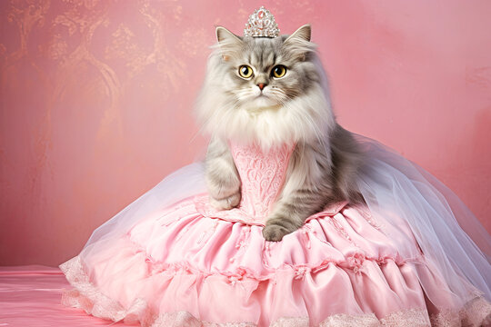 Regal Cat in Tiara on Pink Dress