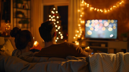 Cozy living room scene, family watching TV on Thanksgiving Day, relaxed and casual atmosphere, warm room lighting