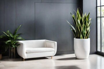 modern interior design, A sleek modern white ceramic pot cradles a vibrant snake plant, standing gracefully against a backdrop of a clean white wall bathed in natural sunlight