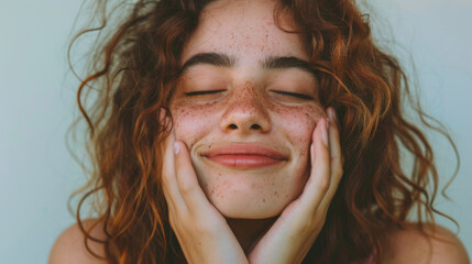 Wall Mural - young woman with closed eyes, a joyful expression, and hands gently placed on her cheeks.