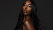© LotusBlanc - Portrait of Glamourous and Sensual Elegant Black Woman with Long Keratin Straightened Black Hair in Studio, Black Background, African American Posh Beauty with Straight Hair.