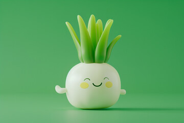 Cute smiling white onion cartoon character on a green background. Healthy lifestyle concept. Eco farming. Sustainable living. Copy space.