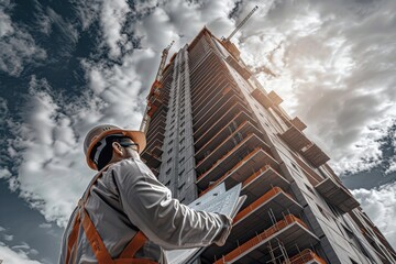 Proud Architect Holding Blueprints Admiring an Award-Winning Skyscraper, Showcasing Success and Achievement Concept