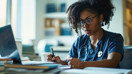 Doctor or a nurse, wearing scrubs and a stethoscope, working at a desk with a laptop and medical textbooks.