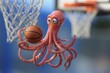 Cartoon character of an octopus with a basketball. 3d illustration