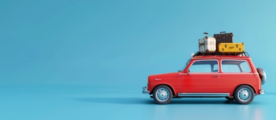 Red retro car with luggage on the roof ready for summer travel on blue background. copy space