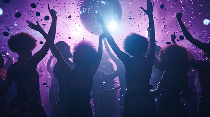 Poster - Dynamic scene of people dancing and celebrating at a party or club with confetti in the air and colorful lights in the background.
