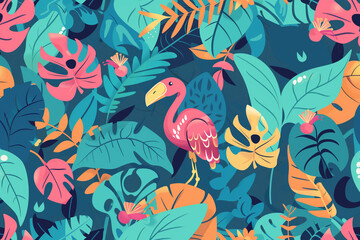  Fantasy jungle pattern. Illustration of whimsical tropical jungle pattern with playful flamingo