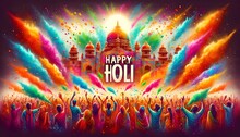 Grunge Style Illustration For The Holi With A Scene With Vibrant Colors And People Celebrating.