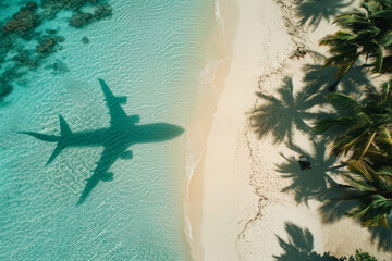 Wall Mural - Adventure Awaits: Airplane Shadow Over Tropical Beach. The striking contrast between the tranquil beach and the moving plane evokes a sense of travel and exploration