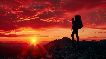 Wall Mural -  The mountaineer is on the summit contemplating the landscape. man standing on top of a mountain with a backpack on his back and a sunset in the background behind him, with a red sky and orange clouds