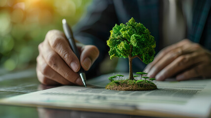 Businessman planning on environmental protection initiative for clean and sustainable future ecology, ESG environmental social governance display on paper chart on eco-friendly company. Generative AI