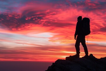 Wall Mural -  The mountaineer is on the summit contemplating the landscape. man standing on top of a mountain with a backpack on his back and a sunset in the background behind him, with a red sky and orange clouds