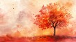 Autumn Tree Reflection in Watercolor Stain Painting Generative AI