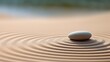 A macro lens shot captures a Japanese zen garden meditation stone, symbolizing concentration and relaxation, with sand and rocks creating harmony and balance in pure simplicity.
