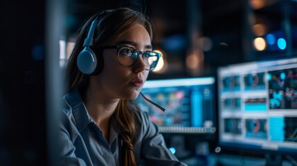 Poster - A woman is seated in front of multiple computer monitors, wearing headphones