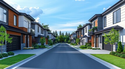 A tranquil street lined with contemporary suburban homes boasts well-kept lawns under clear skies, symbolizing a peaceful residential area