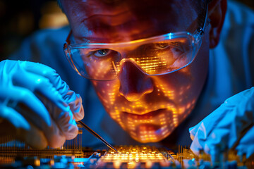 Poster - Researcher holds small microcircuit with tongs
