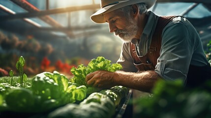 Amidst vibrant greenery, an aged farmer in a hat tends to organic crops, embodying sustainable farming in a sunlit greenhouse.