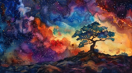 Wall Mural - Space Tree in Watercolor Generative AI