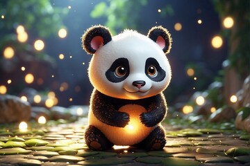 Magical Panda with a Glowing Golden Aura in the Dark Silence