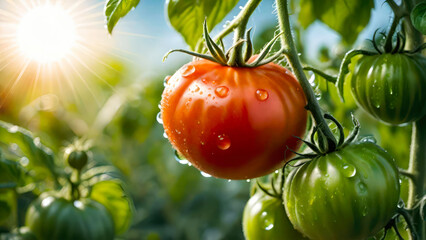 Wall Mural - Ripe and unripe tomatoes growing in the garden. Diet, dieting, bio, organic healthy food,agriculture concept.Generative AI