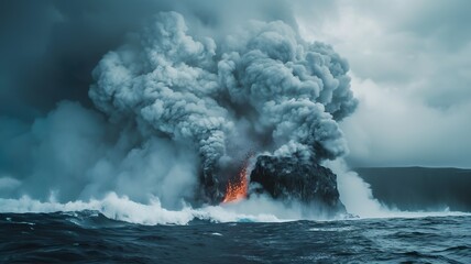  artificial intelligence image of a volcano in the middle of the water, a wonderful sight, huge, but very dangerous