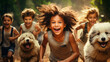 happy children running in the forest with their dogs